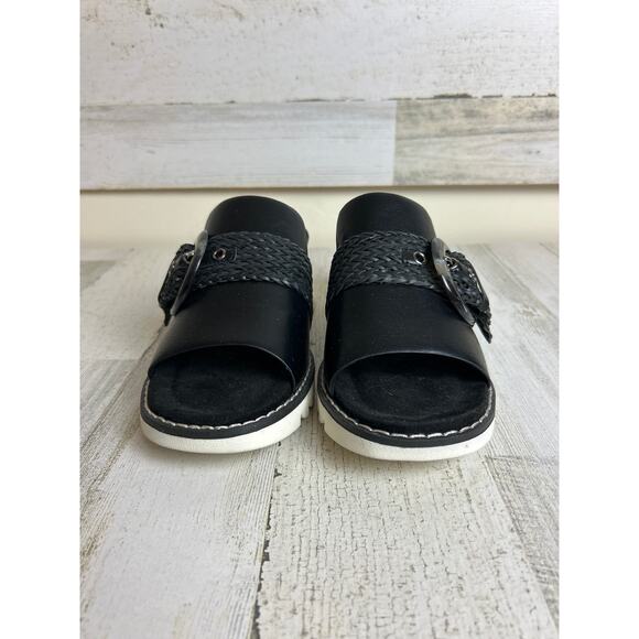 Pierre Dumas Women’s 7 Black Leather Suede Buckle Slip-On Platform Wedge Sandals - Picture 3 of 7